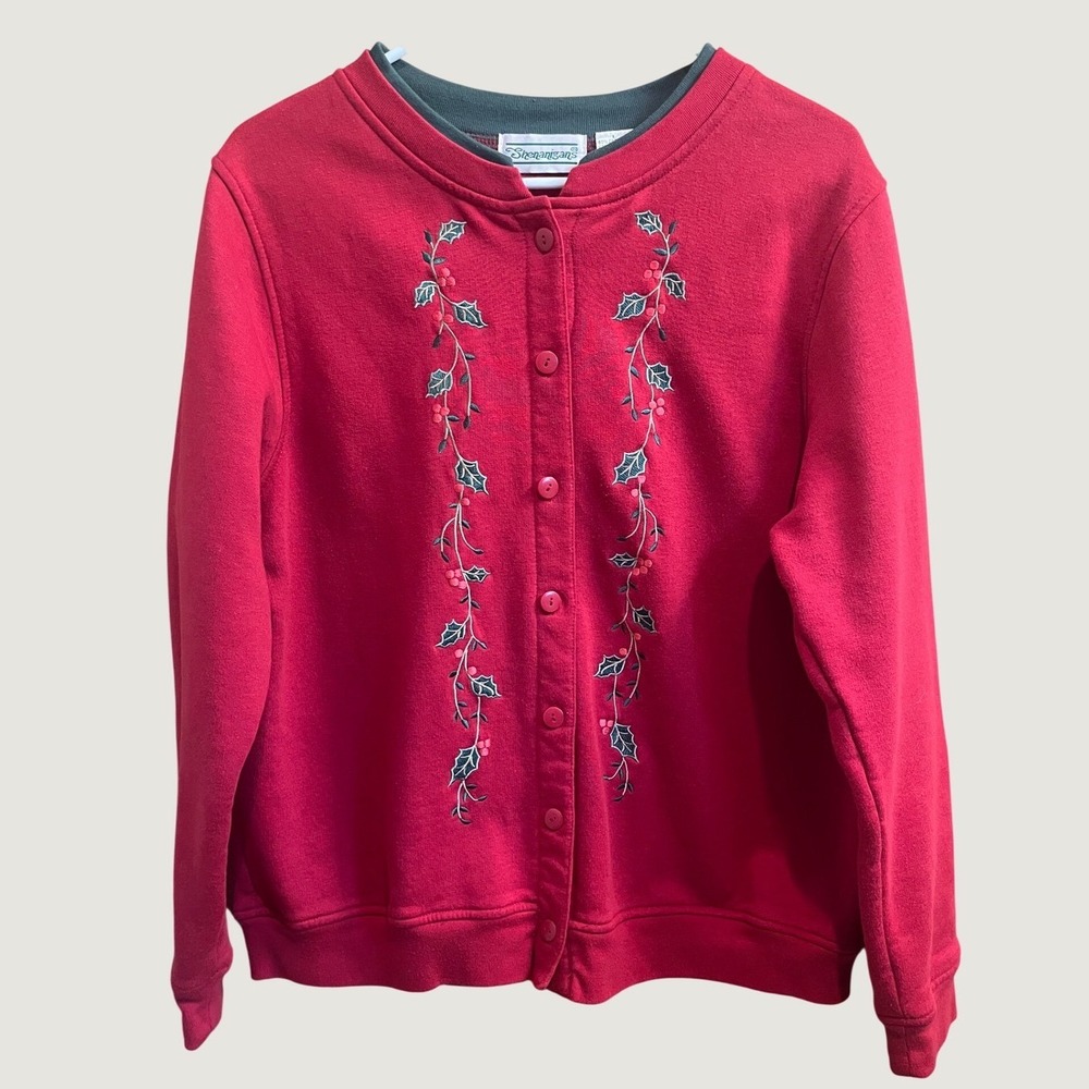 Shenanigans Button Front Sweatshirt Womens Large Red Embroidered Holly Festive